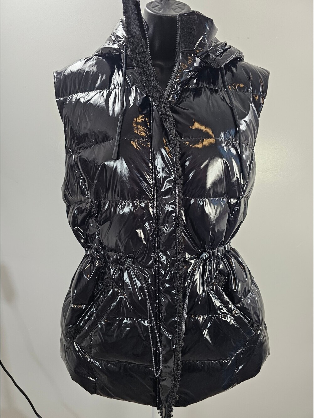 IVL Collective Patent Black Hooded Down Puffer Vest w/ Sherpa Trim